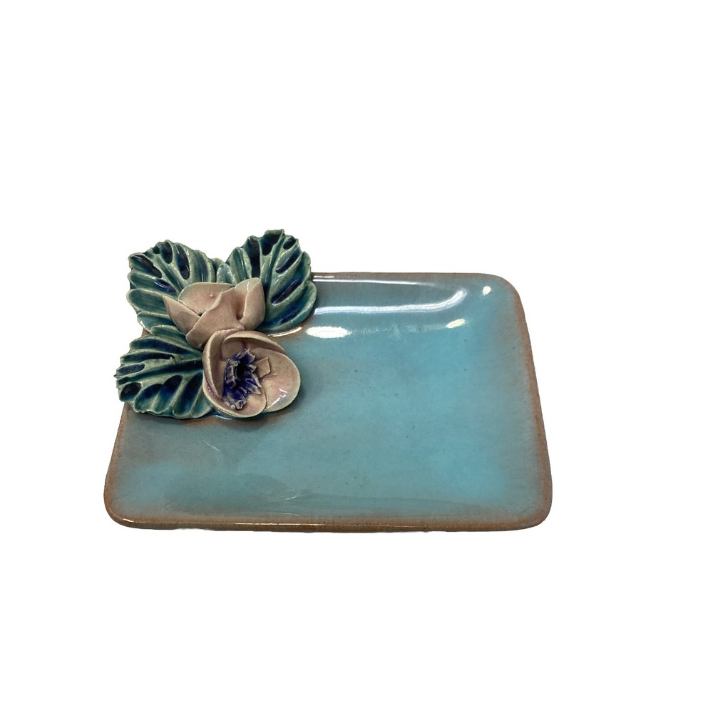 Vintage Red  Clay Small Blue Trinket Dish Handmade Raised Flowers 4"